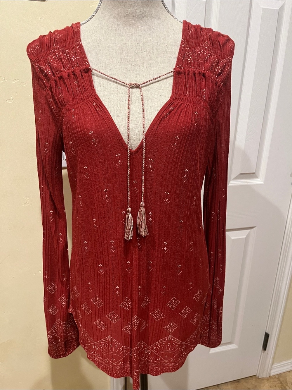 Lucky Brand Deep Rusty Red Boho Tassel V-Neck Tunic